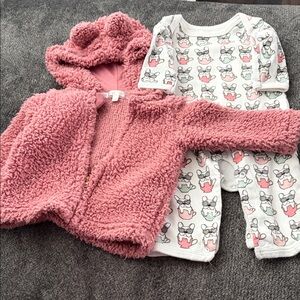 Tahari Pink Sherpa Hoodie and HB Printed One piece pant outfit with dogs in cup